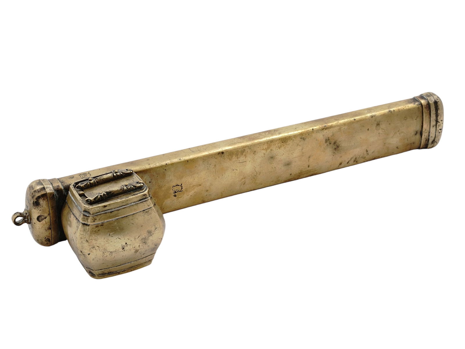 AN OTTOMAN BRASS QALAMDAN DIVIT WITH TUGHRA, 19TH CEN.