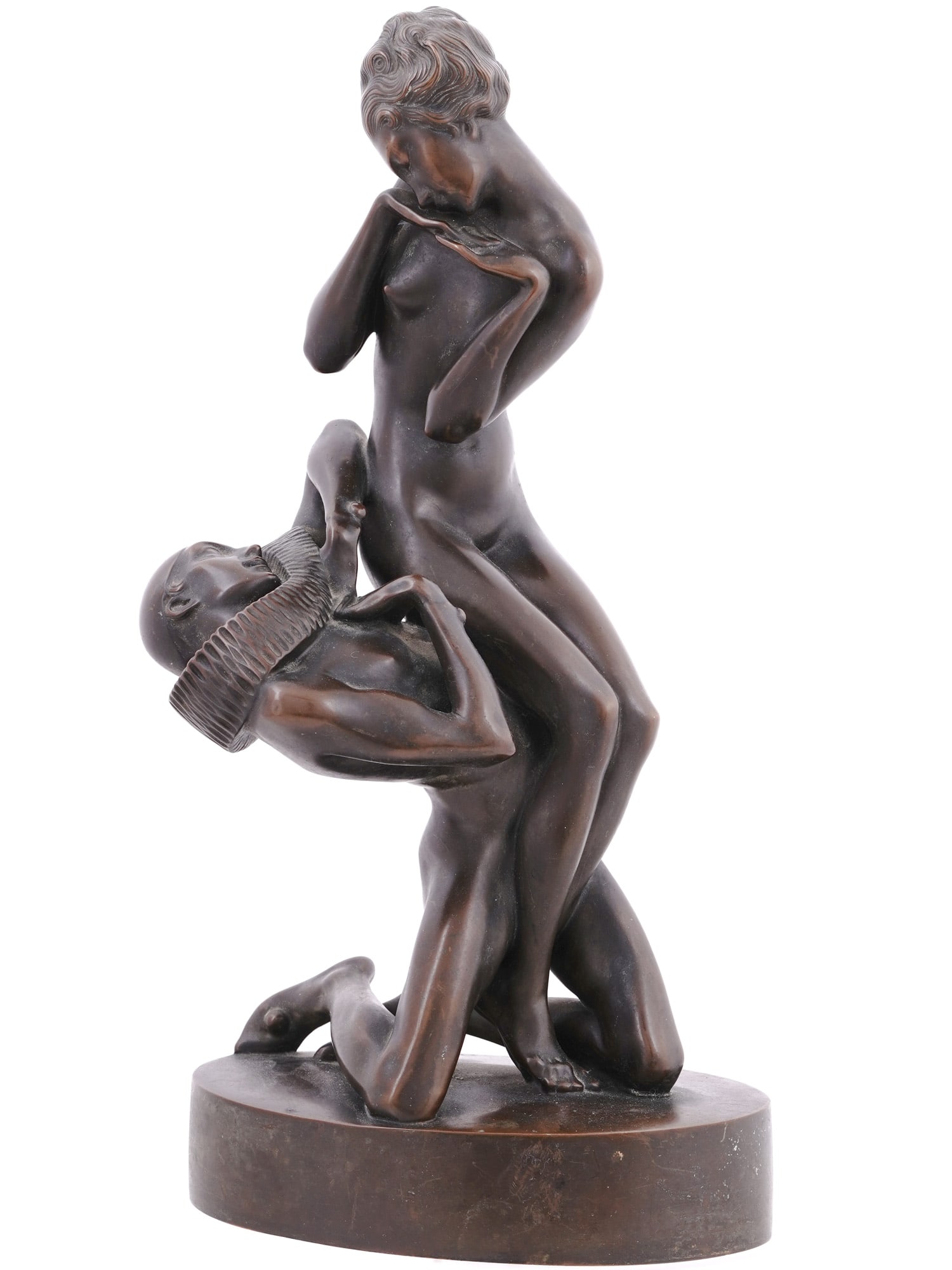 A HEINRICH KARL SCHOLZ, DECLARATION OF LOVE, ART DECO BRONZE SCULPTURE, 1919: An early Art Deco patinated bronze sculpture, dated 1919 by Vienna-based Bohemian artist Heinrich Karl Scholz (1880-1937), and titled as Declaration of Love. Extremely dynamic composition developing o