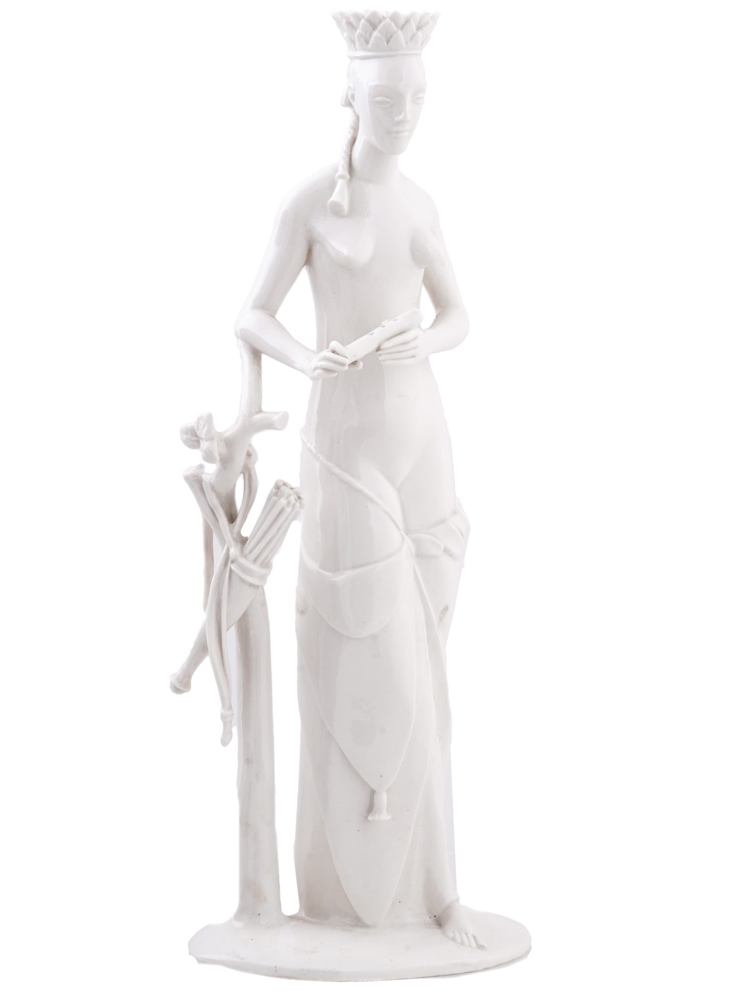 A NYMPHENBURG PORCELAIN 'INDIANERIN' FIGURINE, GERMANY, EARLY 20TH CEN.: A fine white-glaze porcelain figurine in Art Nouveau style depicting an 'Indianerin' or Native American Woman, produced by the Nymphenburg Porcelain Manufactory in Bavaria, Germany. The semi-nude woma