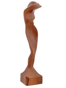 A SIGNED ABSTRACT CARVED WOOD SCULPTURE OF A NUDE WOMAN