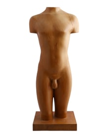 A SIGNED MALE TORSO CARVED WOODEN SCULPTURE BY FRENCH ARTIST LOUIS FERON, 1990