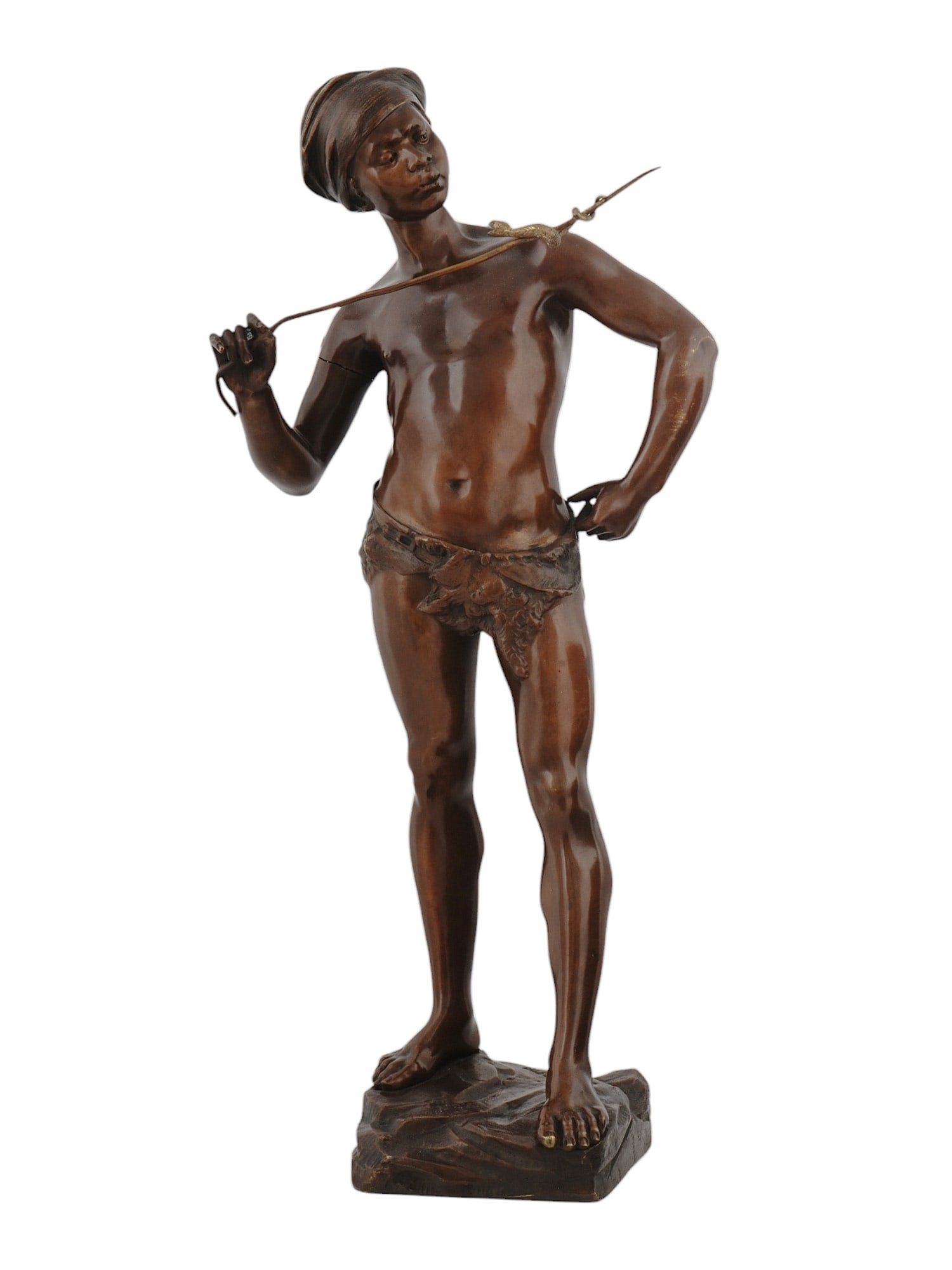 A 19TH C FRENCH BRONZE BY ADOLPHE JEAN LAVERGNE, "THE SNAKE CHARMER": An antique 19th century Orientalist artwork after Adolphe Jean Lavergne (1863-1928), "Le charmeur de serpent" ("the snake charmer"). Medium size bronze proof with medal patina, signed on the base. Dat