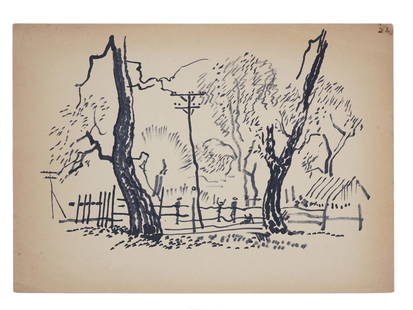 A BORIS SVESHNIKOV, RUSSIAN, INK ON PAPER DRAWING: Boris Sveshnikov, an ink on paper landscape drawing depicting two large trees. Note: Boris Petrovich Sveshnikov (1927-1998) was a Russian Nonconformist painter, graphic artist, and book illustrator. R