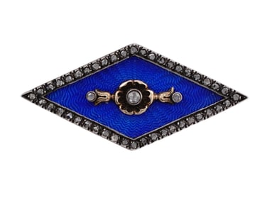A RUSSIAN IMPERIAL GOLD AND GUILLOCHE ENAMEL BROOCH SET WITH DIAMONDS