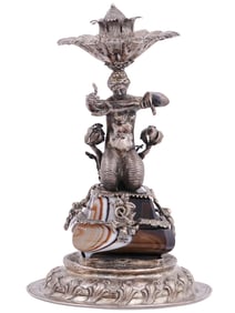 A CONTINENTAL BAROQUE STYLE SILVER AND ONYX MIXOPARTHENOS TAZZA BASE, 19TH C.