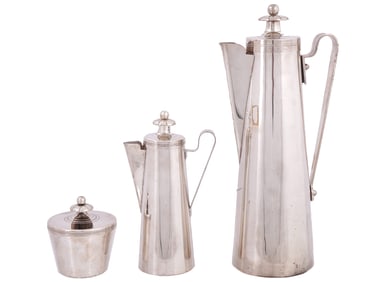 A TOMMY PARZINGER FOR DORLYN SILVERSMITHS, THREE-PIECE COFFEE SET SILVER PLATE