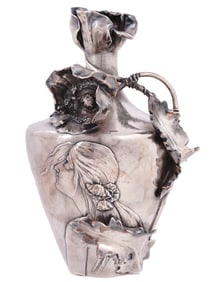 AN ART NOUVEAU SILVER AND PORCELAIN VASE WITH POPPY FLOWERS AND FEMALE PORTRAIT, HALLMARKED