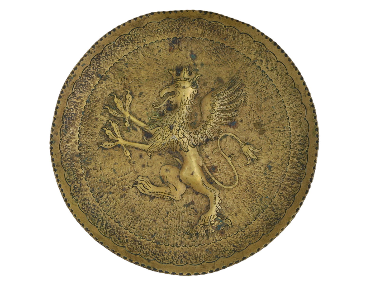 A GILT BRONZE PLATE WITH REPOUSSE GRIFFON, CA. 19TH CENTURY: This item is of gilt bronze with a repousse image of a griffon standing on one leg, talons outstretched, tongue sticking out, and wearing a crown. Probably European, 19th Century. Dimensions: 9.5 in.,