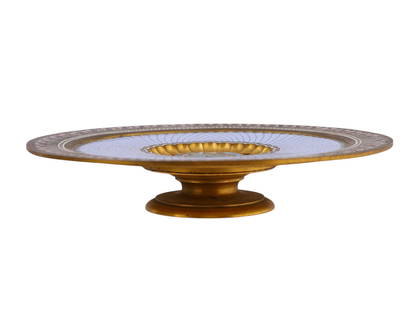 A RENAISSANCE REVIVAL BRONZE CHAMPLEVE AND CLOISONNE TAZZA WITH FALCONER, C. 1880: A Renaissance revival gilt-bronze tazza dish, decorated across its entirety with brilliant champleve and cloisonne enamelwork. The center of the piece shows a medieval falconer in a green jacket, a ho