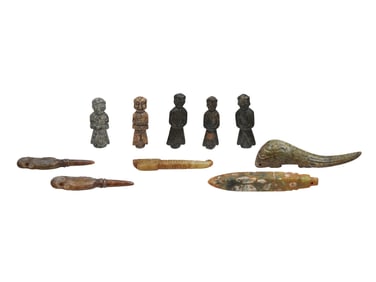 A GROUP OF TEN CHINESE CARVED JADE DECORATIVE ARTIFACTS