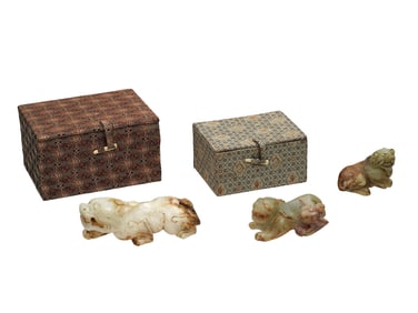 A LOT OF THREE CHINESE CARVED JADE QILIN FIGURES