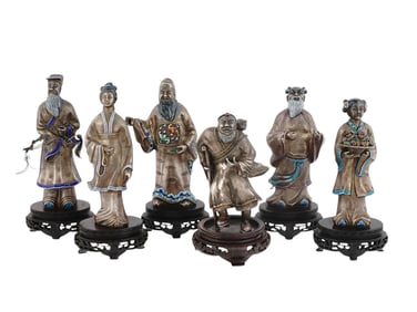 A GROUP OF SIX CHINESE SILVER ENAMEL FIGURES