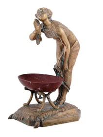 AN ART NOUVEAU BRONZE FEMALE FIGURE WITH A ROUGE MARBLE BOWL, SIGNED