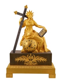 19TH CENTURY FRENCH ORMOLU BRONZE MANTEL CLOCK DEPICTING MADONNA WITH CROSS