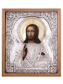 A RUSSIAN ORTHODOX ICON OF CHRIST PANTOCRATOR IN SILVER OKLAD, 19TH CEN.