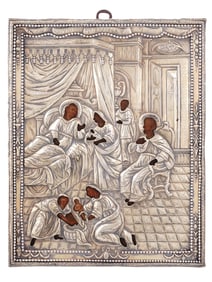 AN 18TH CEN. RUSSIAN ICON OF THE NATIVITY OF THE BLESSED VIRGIN IN A GILT SILVER OKLAD