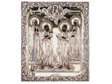 A 19TH CEN. RUSSIAN ORTHODOX ICON OF CHRIST AND FOUR SAINTS IN SILVER OKLAD