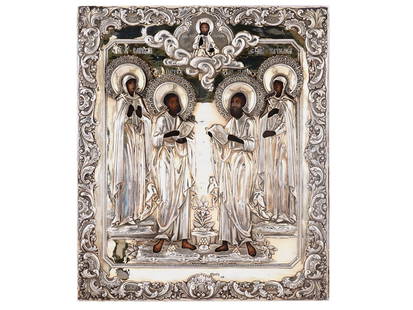 A 19TH CEN. RUSSIAN ORTHODOX ICON OF CHRIST AND FOUR SAINTS IN SILVER OKLAD: The icon depicts four Orthodox saints pictured full-figured under Christ in Heaven. It is covered with the silver oklad, finely chased, and features repousse borders and ornate haloes. Hallmarks: 84 s