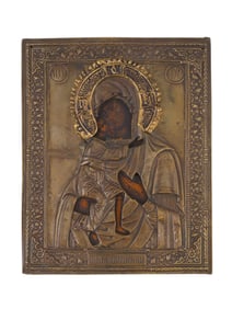 ANTIQUE RUSSIAN ICON BRASS OKLAD THEOTOKOS, CA 19TH C