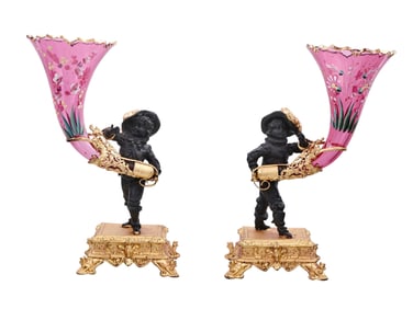 A PAIR OF FRENCH GILT AND PATINATED METAL CENTERPIECES WITH RED GLASS CORNUCOPIA, 19TH CEN.