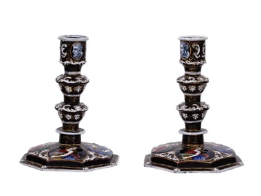 A PAIR OF LIMOGES FRANCE ENAMELED COPPER CANDELSTICKS, 19TH CEN.