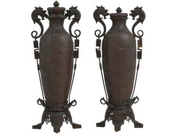 A PAIR OF JAPANESE LIDDED BRONZE VASES WITH DRAGON HANDLES, 19TH CEN.