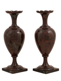 A PAIR OF CARVED BRECCIATED JASPER URN VASES, 19TH CEN.