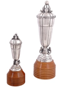 A CONTINENTAL ART DECO STERLING SILVER COVERED URNS WITH DOLPHINS AND SEAHORSES