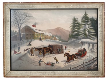 A 19TH C. CURRIER AND IVES LITHOGRAPH PRINT, AMERICAN WINTER SCENE, FRAMED