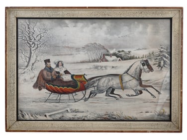 A 19TH C. CURRIER AND IVES LITHOGRAPH PRINT, 'THE ROAD, WINTER', FRAMED