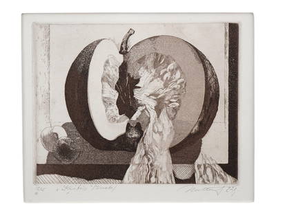A RUSSIAN ETCHING ON PAPER TITLED "PUMPKIN", 1982: Russian ink on paper etching still-life depicting a freshly cut pumpkin and two small apples. Numbered '18/25' and titled 'Pumpkin' lower left, signed and dated 1982 lower right in pencil. Matted, hou