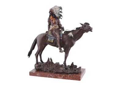 A VERY FINE CARL KAUBA BRONZE NATIVE AMERICAN MAN ON A HORSE, SIGNED
