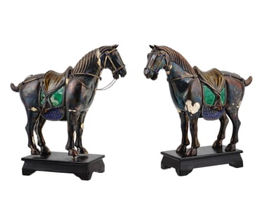 A PAIR OF CHINESE SILVER AND CLOISONNE ENAMEL HORSE FIGURINES