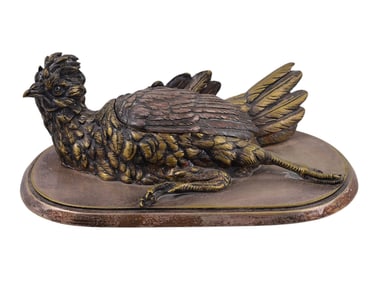 FRENCH SILVERED BRONZE CHICKEN-FORM INKWELL, LATE 19TH CENTURY