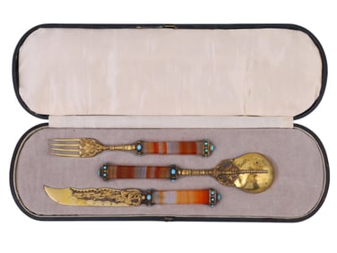 A FINE ITALIAN GILT-SILVER AND AGATE CASED FISH SET, 18TH CEN.