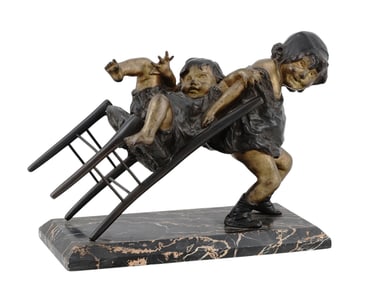 A SIGNED JUAN CLARA GILT BRONZE SCULPTURE, "NIÑAS JUGANDO", SPANISH