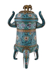 A LARGE CHINESE CLOISONNE ENAMEL TRIPOD CENSER ON ELEPHANT FEET, 20TH CEN.