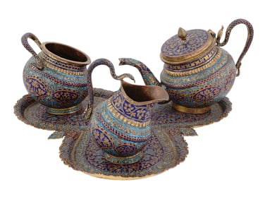 A FINE INDIAN GILT-BRASS & ENAMEL TEA SET, KASHMIR, 19TH C.