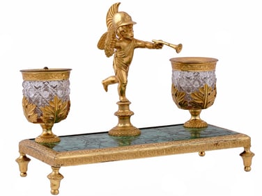 A RUSSIAN MALACHITE GILT-BRONZE INKWELL, 19TH CEN.