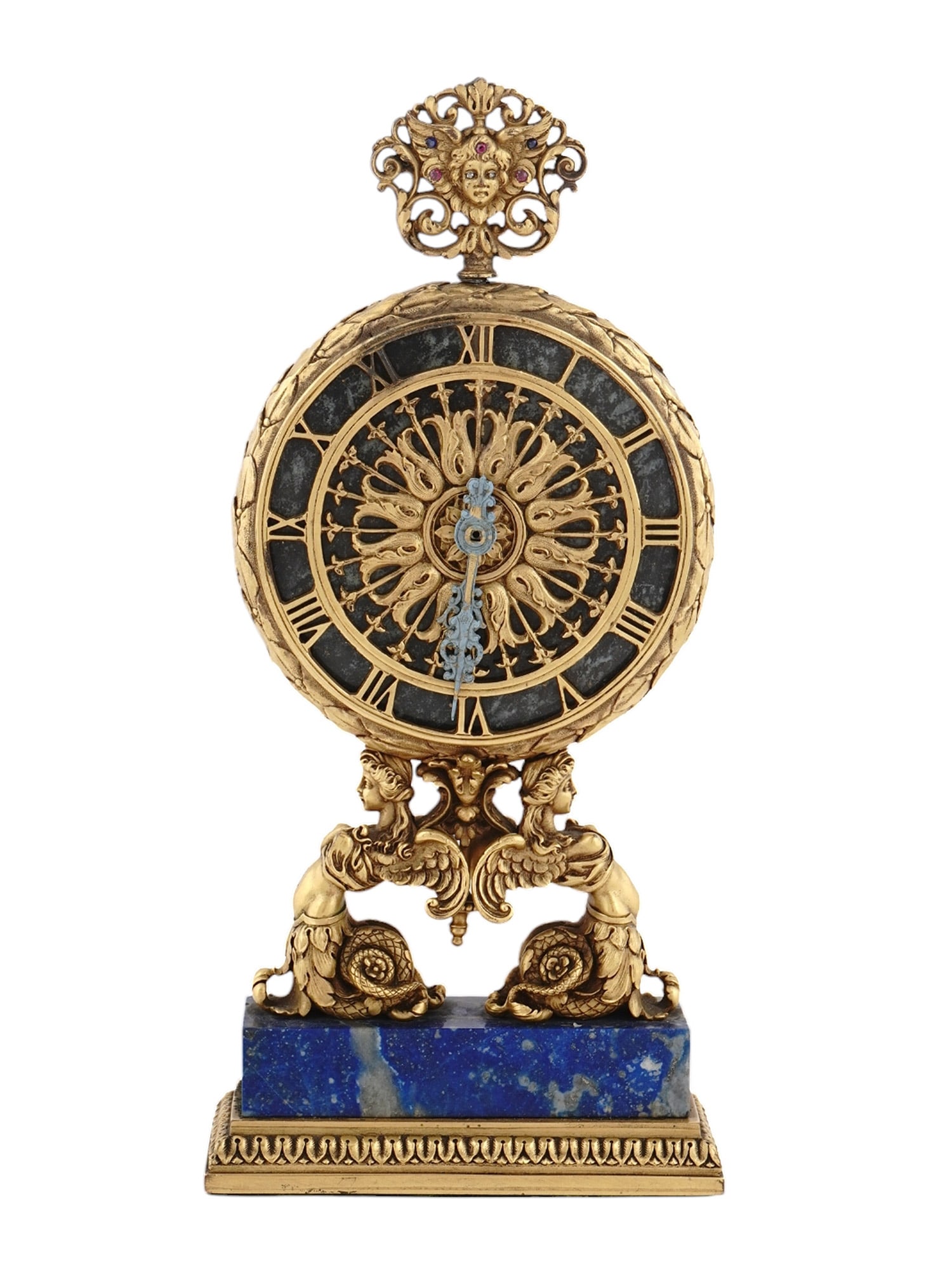 AN ORMOLU BRONZE CLOCK BY MAJESTIC WATCH CO. ON A LAPIS LAZULI BASE, 20TH C. (1 of 4)