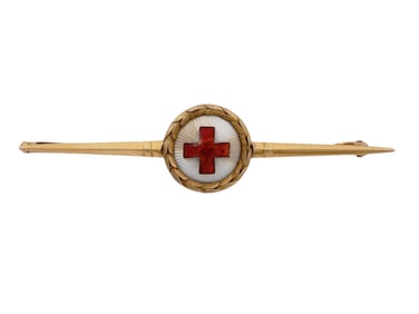 A RUSSIAN IMPERIAL GOLD AND GUILLOCHE ENAMEL RED CROSS PIN BY F. LORIE