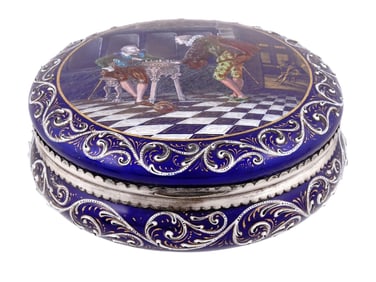 A FRENCH ENAMELED COBALT BLUE GLASS JEWELRY BOX, PROBABLY LIMOGES, 19TH CEN.