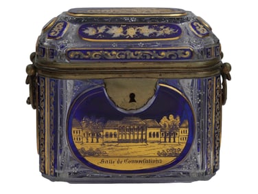 A GERMAN COBALT BLUE GLASS LIDDED CHEST WITH SCENES OF BADEN-BADEN, 19TH CEN.