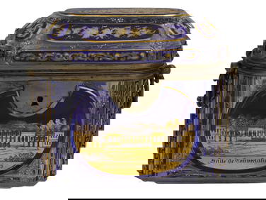 A GERMAN COBALT BLUE GLASS LIDDED CHEST WITH SCENES OF BADEN-BADEN, 19TH CEN. (1 of 5)