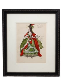 AN EARLY 20TH C. LEON BAKST LITHOGRAPH PRINT, RARE COSTUME DESIGN, FRAMED