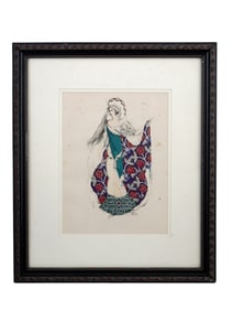 AN EARLY 20TH C. LEON BAKST RARE COSTUME LITHOGRAPH, FRAMED