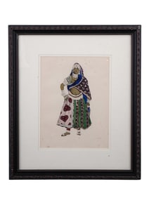 AN EARLY 20TH C. LEON BAKST LITHOGRAPH PRINT, LE DIEU BLEU, RARE COSTUME DESIGN, FRAMED