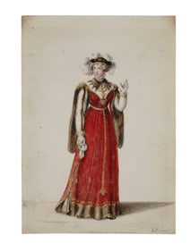 AN 1828 GILT WATERCOLOR COSTUME DRESS DESIGN, SIGNED 'A.S.'