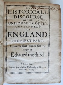 1647 HISTORICAL DISCOURSE OF UNIFORMITY OF GOVERNMENT OF ENGLAND ANTIQUE ENGLISH