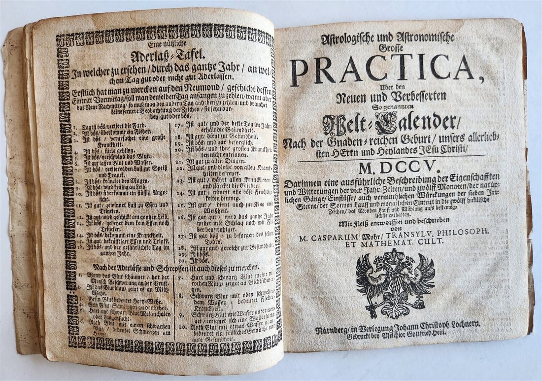 1705 ASTROLOGICAL & ASTRONOMICAL PRACTICE BY M.MOHR IN GERMAN ANTIQUE CALENDAR: NEUER und VERBESSERTER WELT-CALENDER (New and improved world calendar) Bound with: Astrologische und astronomische grosse PRACTICA Astrological and Astronomical PRACTICE by M.Casparum Mohr (Transylvan